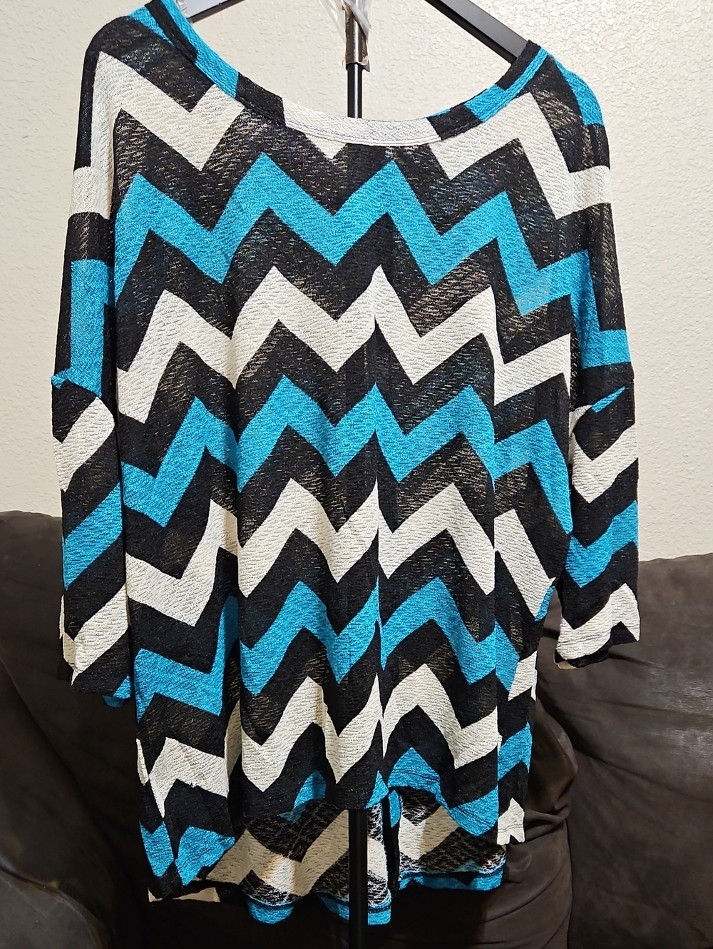 Relaxed Chevron Tunic in Blue, Black & White With Button Open Back Detail.